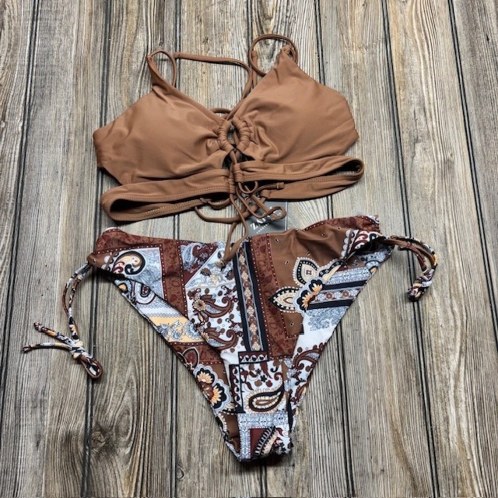 Zaful Womens Brown Lace Up Ring Front Bikini Set Paisley Patchwork Print Size L